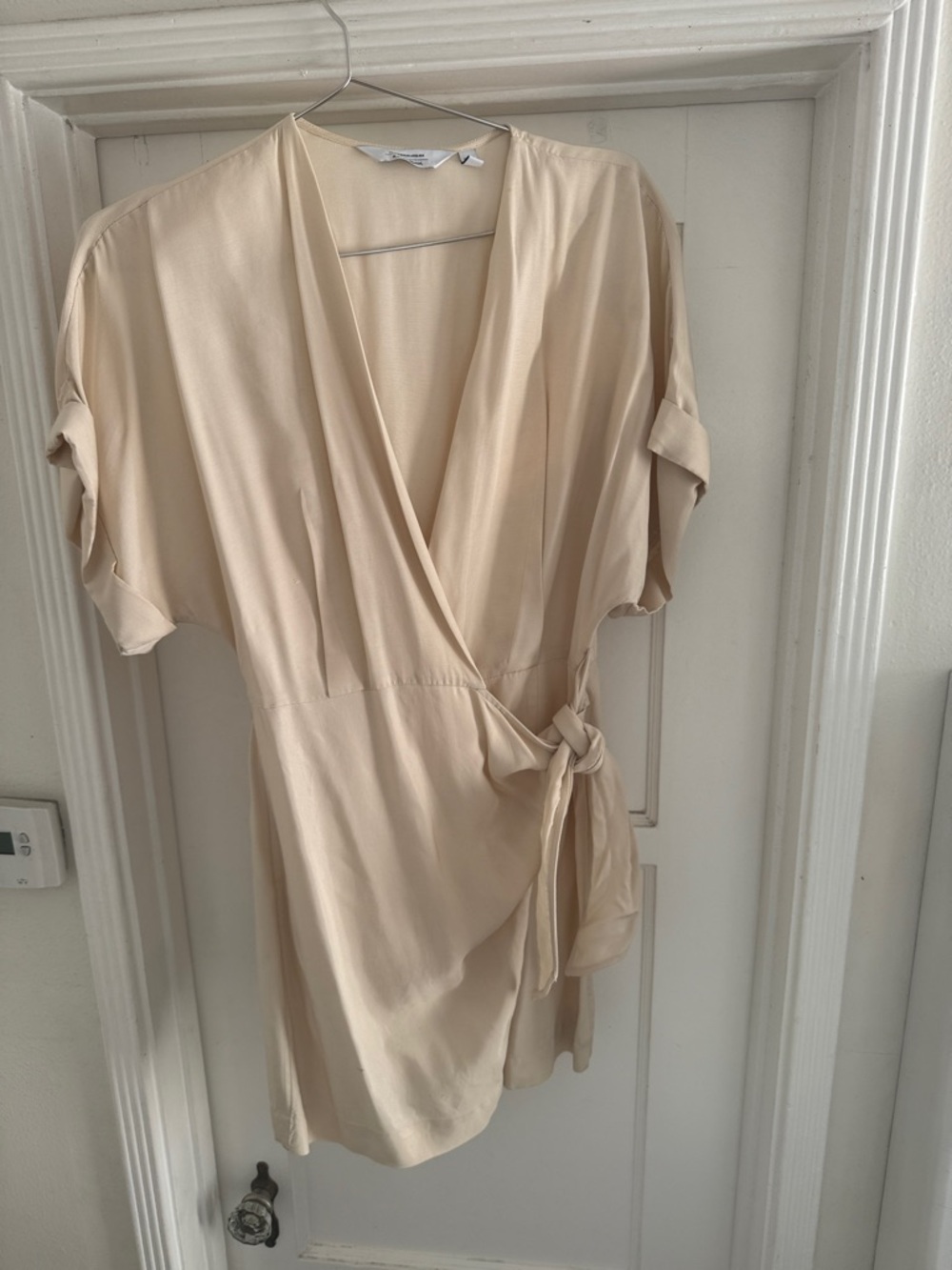 Silky Wrap-Style Beige Mini Dress